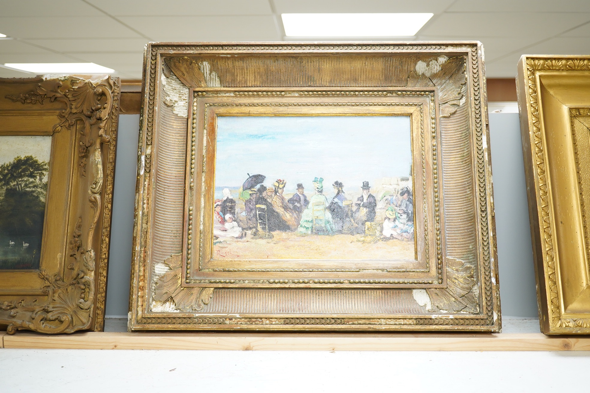 A decorative French impressionist style oil on board, Beach scene with seated figures, 23 x 30cm, ornately framed. Condition - good, some losses to the frame